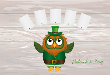 Wall Mural - A happy owl with a beard in a suit and hat on St. Patrick's day 