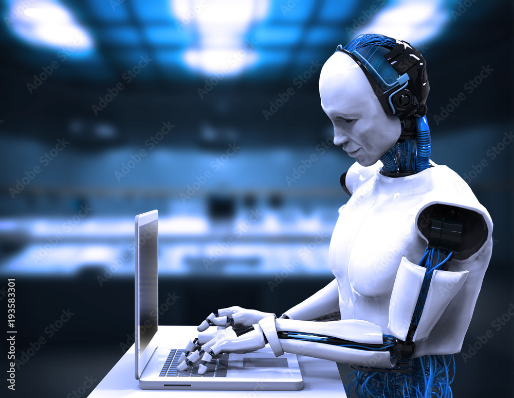 3d rendering humanoid robot working on laptop computer Stock Photo ...