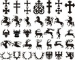 Heraldic elements set: cross, unicorn, bull, deer, horns, harpy, wolf