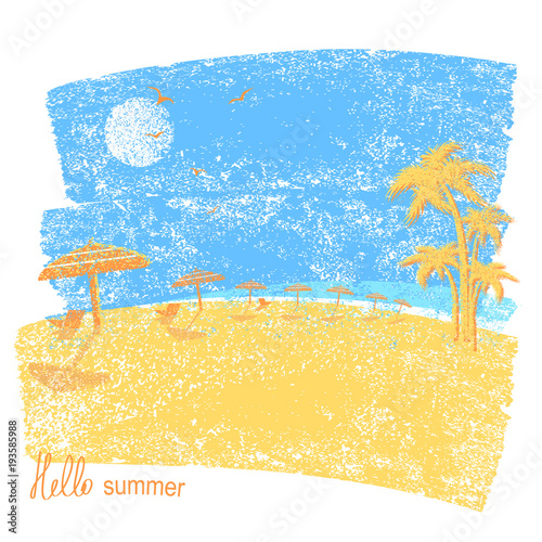Tropical beach with beach umbrellas and palms.Vector symbol of seascape vacation