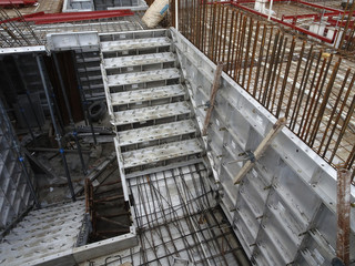 Precast aluminium formwork used at the construction site as the staircase formwork. This kind of form work is high durability and can be used repeatedly.