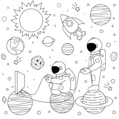 Wall Mural - hand drawn two funny astronauts playing video games on space for design element like print on video 