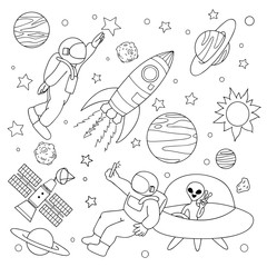 hand drawn astronaut take a selfie with alien and play with stars on space for design element and co