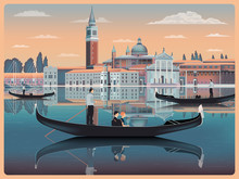 Early Morning In Venice, Italy. Travel Or Post Card Template. All Buildings Are Different Objects. Handmade Drawing Vector Illustration. Vintage Style.