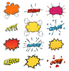 Wall Mural - Onomatopoeia comics sounds in clouds for emotions and kaboom explosion. Steaming oops and wham sound, heart for ooh and stars for smash and crash cartoon book theme