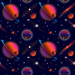 Wall Mural - Realistic open space. The milky way, stars and planets. Alien planet background. Gas giant with planets.Vector cosmic illustration. Seamless pattern