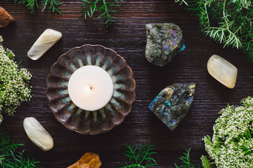 White Candle with Labradorite and Moonstone