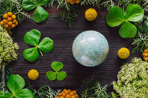 Obraz na plátne Green Aventurine Sphere with Shamrocks and Mixed Foliage