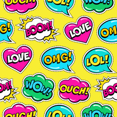 Wall Mural - seamless colorful bright pattern with comic speech bubbles patches on yellow background. expressions