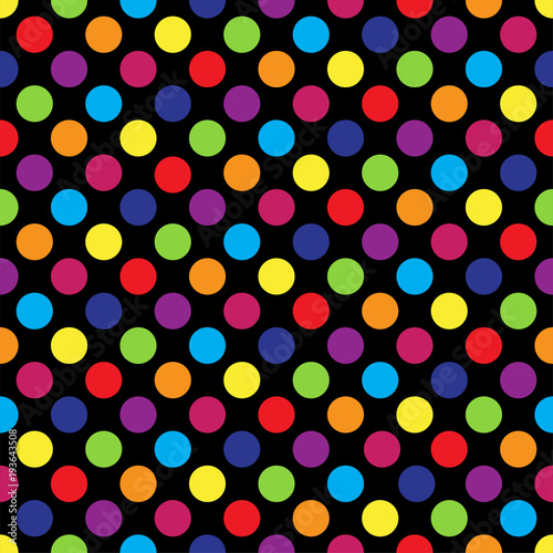 Seamless colorful polka dot pattern on black. Vector illustration.