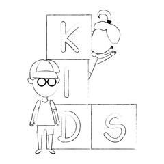 Sticker - kids with blocks characters vector illustration design