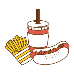 Poster - delicious hot dog with soda and french fries vector illustration design