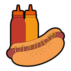 Poster - delicious hot dog with sauce bottle vector illustration design