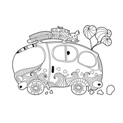 Wall Mural - Van coloring book for adult and kid. Hand drawn. Vector illustration. Doodle style.