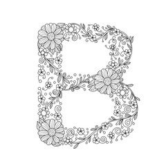 Wall Mural - Floral alphabet letter B coloring book for adults. vector illustration.Hand drawn.Doodle style.