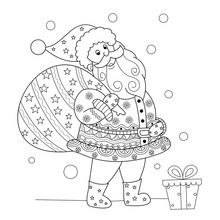 Coloring Book Page Of Christmas Santa Claus For Adult. Doodle Style.Hand Drawn. Vector Illustration.