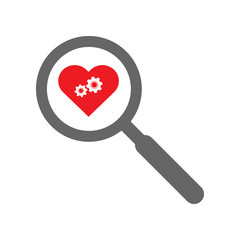 Sticker - Mechanical red heart and magnifying glass. Transplantology concept. Vector icon.