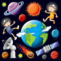 Canvas Print - Boy and girl flying in space with many planets