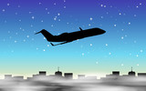 Fototapeta Sport - Silhouette scene with airplane flying in foggy sky
