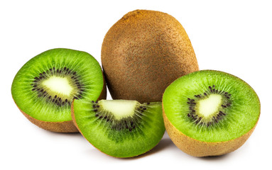 Ripe whole kiwi fruit and half kiwi fruit isolated on white background