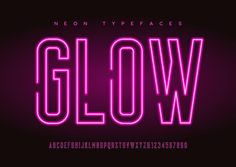 Wall Mural - Glowing vector linear neon typefaces, alphabet, letters, font, t