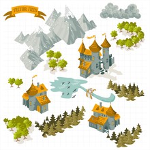 Fantasy Adventure Map Elements And Colorful Doodle Hand Draw In Vector Illustration Isolated On White Background