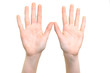 © WDnet Studio - Caucasian white girl is showing her hands with open palms on a white background in close-up