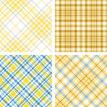 Set Of Four Seamless Tartan Plaid Patterns In Shades Of Yellow, Blue And White. Traditional Checkered Fabric Texture For Digital Textile Printing.