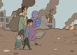 © Tatyana - Family of refugees with two children on destroyed buildings background. Immigration religion and social theme. War crisis and immigration. Horizontal vector illustration characters.