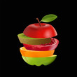 Creative healthy mix fruit. Apple, Orange, Pomegranate and kiwi with sliced fresh fruit, for a low calorie snack, isolated on black background, vector and illustration.