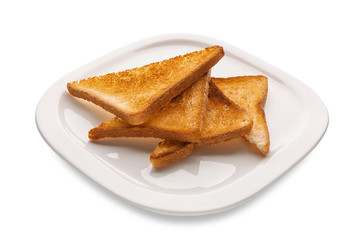 Sticker - Plate with tasty toasted bread on white background