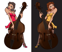 Cabaret Girl Mascot. Vintage Poster Of Pinup Girl Playing On Contrabass.  