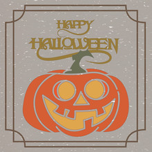 Happy Halloween. Vintage Greeting Card With Smiling Jack O Lantern Pumpkin On Old Paper Background With Frame Design.