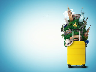 yellow travel bag with world landmark, holiday and tourism