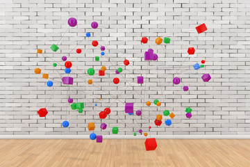 Leinwandbilder - Network Connections Concept. Abstract Colored Figures connected with Lines. 3d Rendering