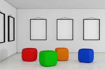 Poster - Art Gallery Museum with White Blank Placard Mockup Frames and Colored Armchair Cube Bag. 3d Rendering