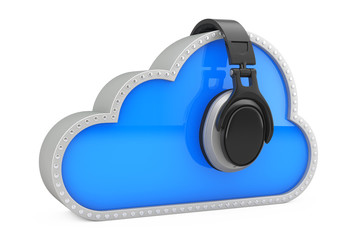 Poster - Online Music Concept. Headphones on top of the Cloud Storage. 3d Rendering