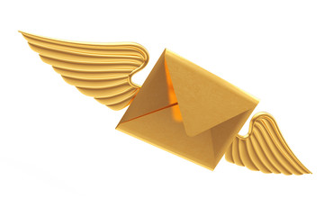 Poster - Flying Golden Envelope Letter with Wing. 3d Rendering