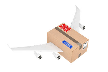 Aufkleber - Airmail Shipping Concept. Cardboard Box Parcel with Jet Engines and Airplane Wings. 3d Rendering
