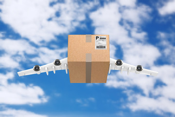 Aufkleber - Airmail Shipping Concept. Cardboard Box Parcel with Jet Engines and Airplane Wings. 3d Rendering