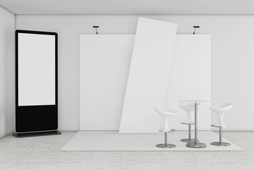 Poster - Blank Trade Show LCD Screen Stand as Template for Your Design near Trade Commercial Exhibition Stand. 3d Rendering