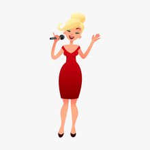 Beautilul Blonde Woman Star Celebrity Jazz Singer In Red Dress With Microphone. Young Girl Is Singing Karaoke At A Party. Lady Performs A Song With The Mic