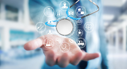 Leinwandbilder - Businessman holding and touching floating stethoscope 3D rendering