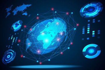 Poster - abstract technology concept global network connection futuristic earth globe virtual hologram communication system world and digital link business Connection hi tech background.Vector Illustration