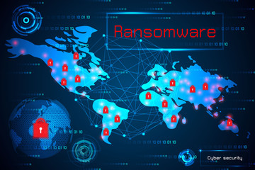 Poster - abstract technology concept cyber security with ransomware alert warning on map world, antivirus, malware and virus crime on hi tech background