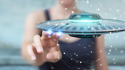 Poster - Businesswoman with retro UFO spaceship 3D rendering