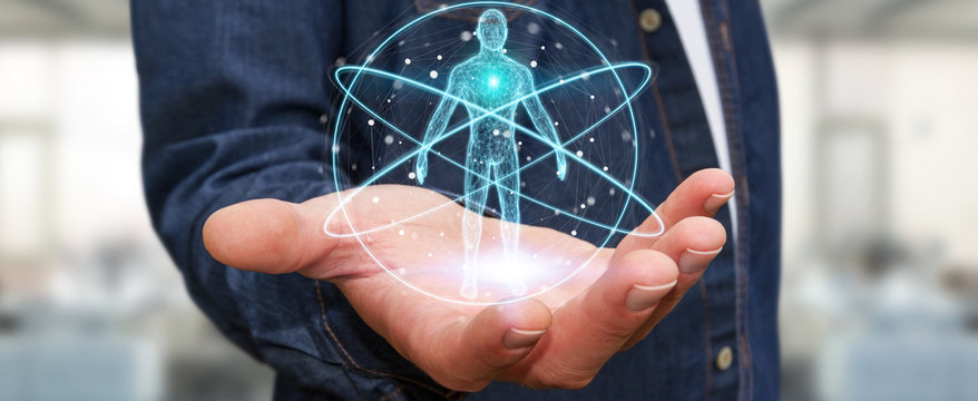 Businessman using digital x-ray human body scan interface 3D rendering