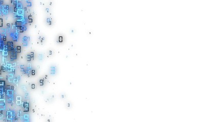 Poster - Mathematical process. The blue letters move on the left side of the screen. White background . place for text. glitch effect. holographic series.cinematic background