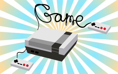 Poster - Black and white retro hipster rectangular volumetric vintage game console and the inscription game written by black wires with two joys and buttons on a background of blue rays. Vector illustration