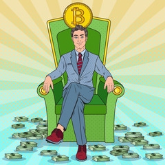 Pop Art Successful Businessman Sitting on Throne with Bitcoin and Money Stacks. Crypto currency Market Concept. Vector illustration